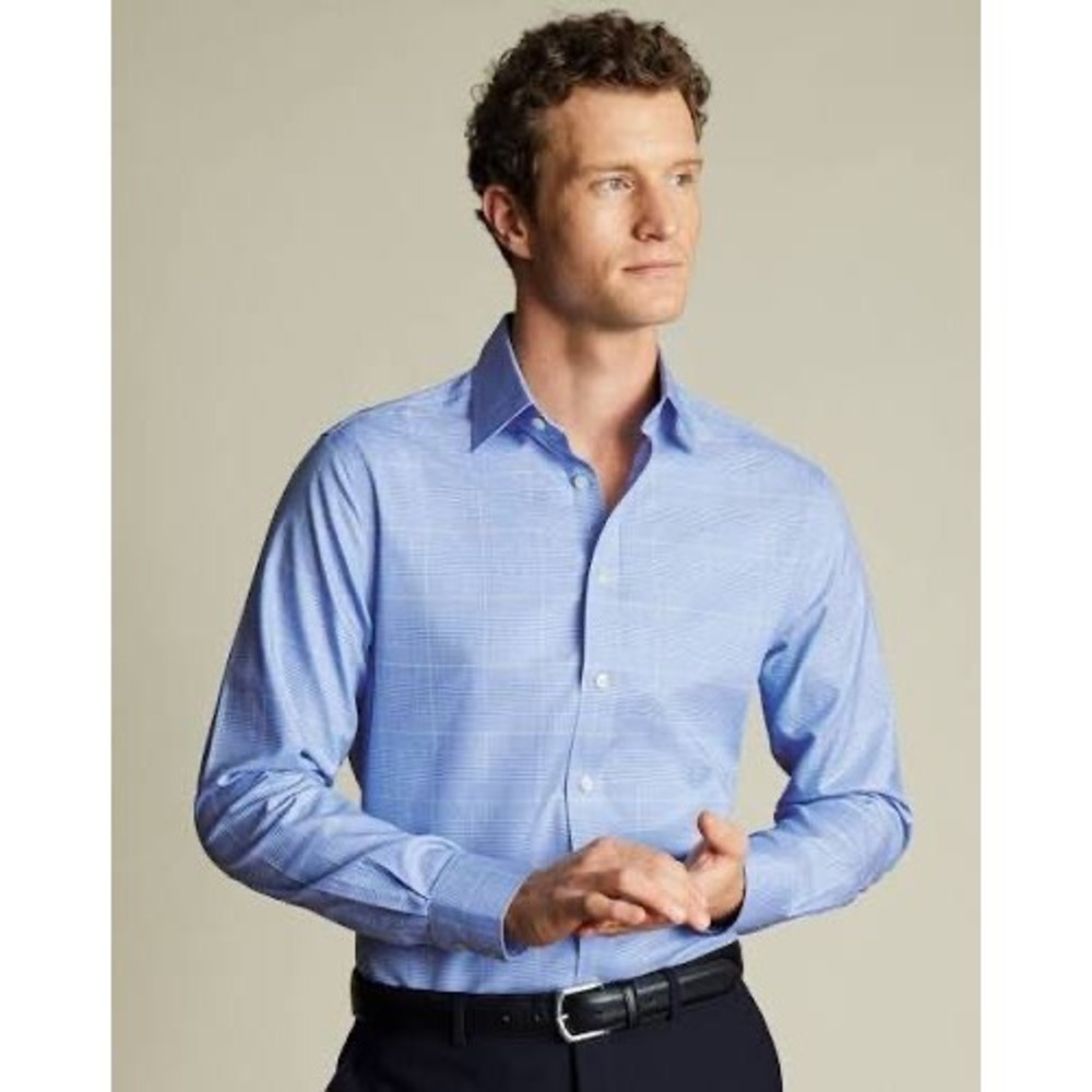 Charles Tyrwhitt Prince Of Wales Slim Fit Dress Shirt Ocean Blue 15.5/34 NWT